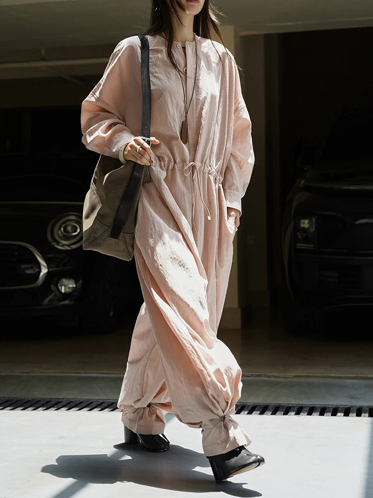 [EAM] Women Coffee Drawstring Big Size Long Jumpsuit New High Waist Pocket Stitch Pants Fashion Tide Spring Autumn 2026 1DJ2953 - Matrix Studios