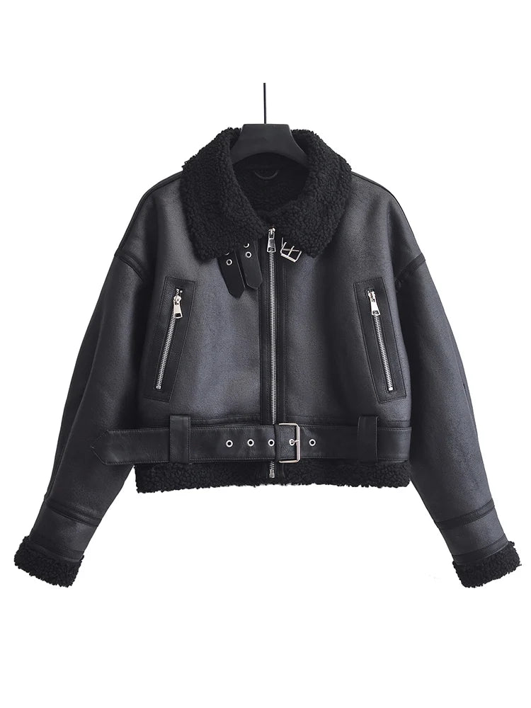 Ailegogo Autumn Winter Women Warm Loose Faux Lamb Fur Short Coat Streetwear Female Retro Zipper Spliced Coat Outwear - Matrix Studios