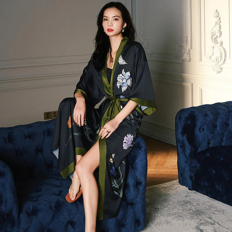 Black Print Flower Long Robe Nightgown Spring Summer Half Sleeve Kimono Bathrobe Gown Women Sexy Rayon Home Dress Loungewear - Matrix-studios.com
