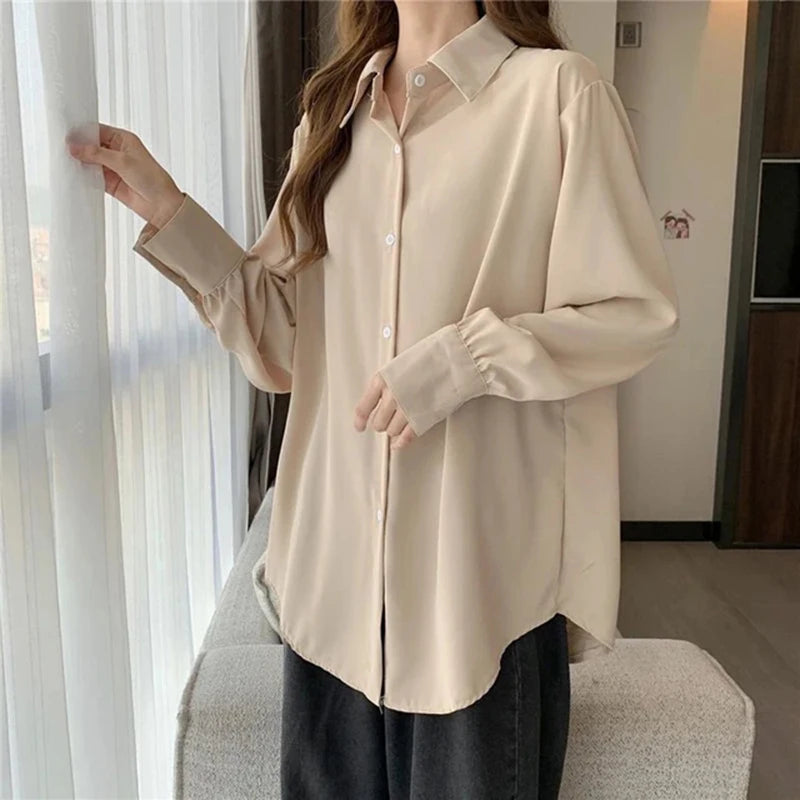 Women Chiffon White Shirts Korean Fashion Solid Loose Long Sleeve Tops Office Ladies Elegant Casual All Match Blouses Spring New - Matrix-studios.com