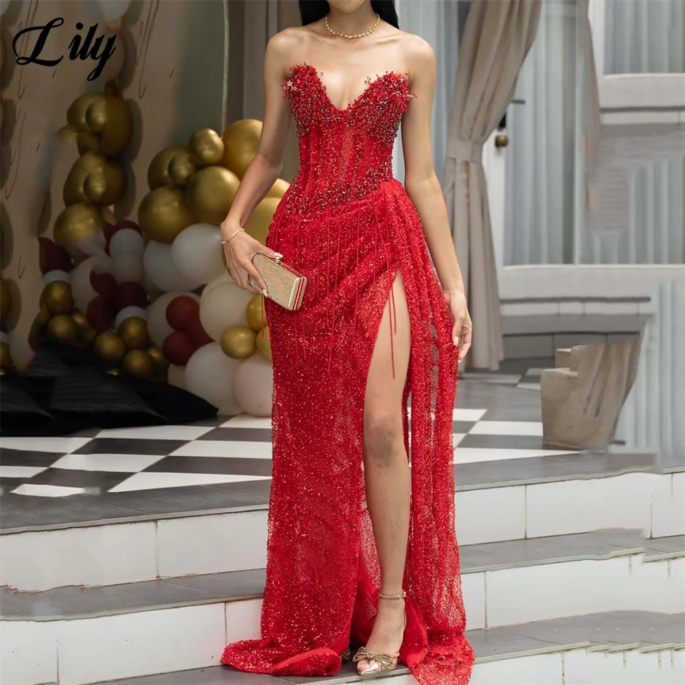 Lily Red Formal Dress Shiny Sequined Deep V-Neck Evening Gown Bead-Embellished Fringe and Side Split Prom Dresses Customized - Matrix-studios.com