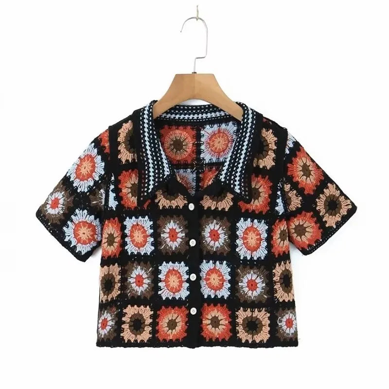 Floral Crochet Vest Top Collared Button-up Short Sleeve Sheer Crop Knit Top Cardigan for Women Teengirl Fairycore Vintage Outfit - Matrix Studios