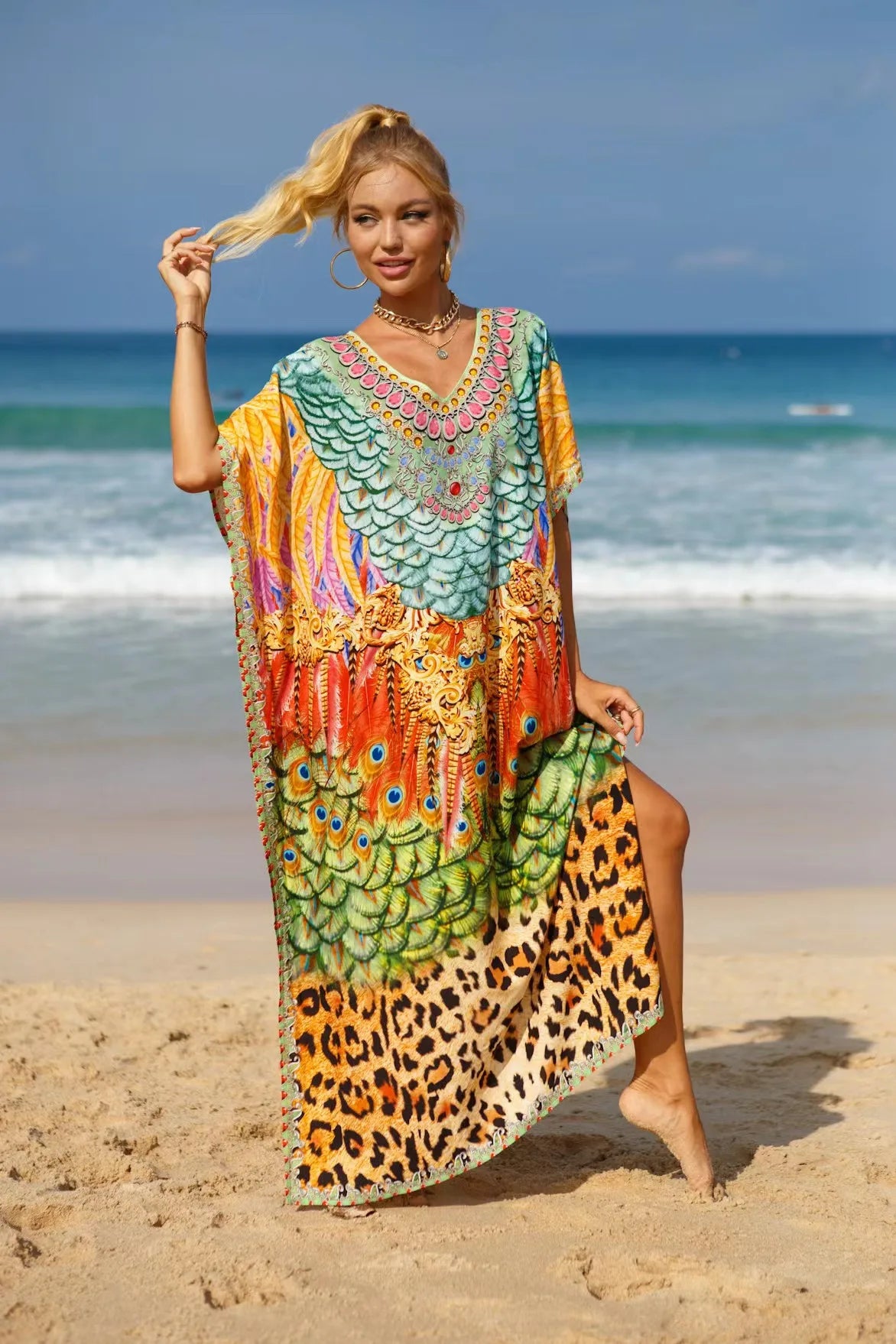 Kaftan Dresses Tropical Printed Cover Ups for Swimwear Women Elegant Maxi Robe Holiday Bathing Suits Dropshipping Hot Sales - Matrix Studios