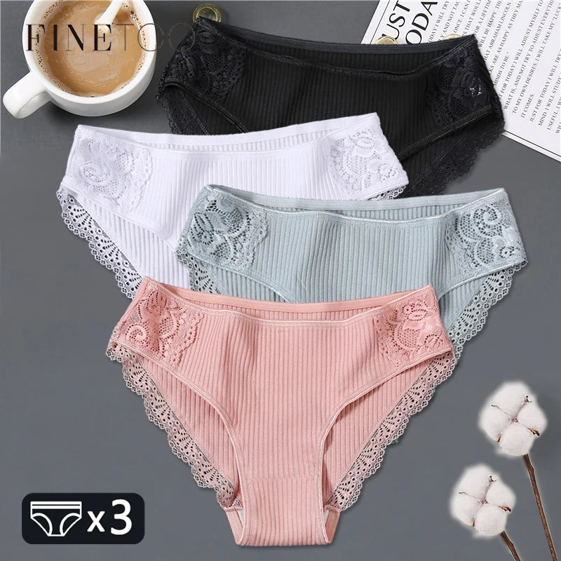 FINETOO 3Pcs/set Women Cotton Panties M-2XL Low-Rise Underwear Trendy Patchwork Lace Briefs Female Soft Underpants Lingerie 2022 - Matrix Studios