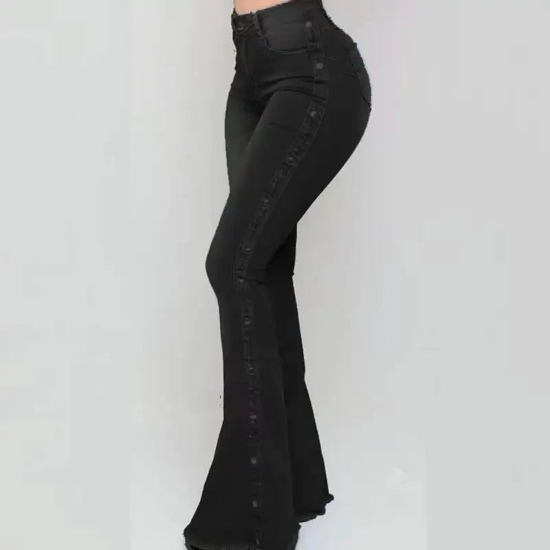 Jeans High Waist Strecth Denim Flare Pants Women Vintage Trousers Buttons Denims Streetwear 2024 Autumn Female Floor Length - Matrix-studios.com