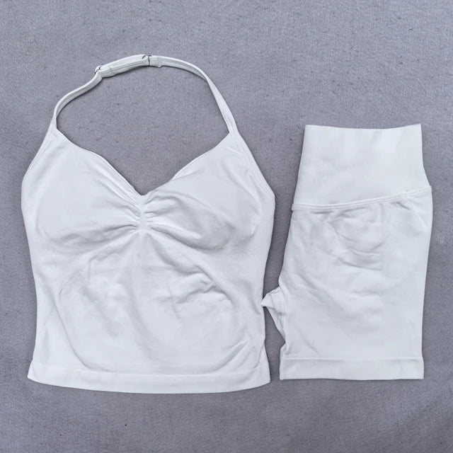 2 Pieces Yoga Set Women Backless Halter Tops High Waist Seamless Shorts Gym Suit Fitness Clothes Sportswear Workout Sets - Matrix-studios.com