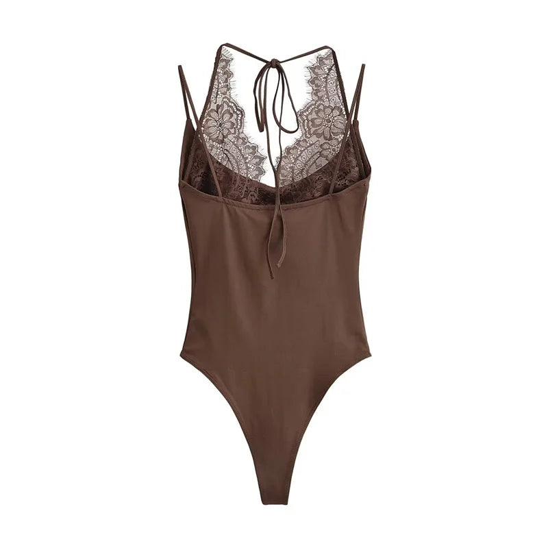 Women's Jumpsuit 2026 Spring New Solid Color Halter Neck Lace Splice Sexy Slim-Fit Romper Personalized Fashion - Matrix Studios