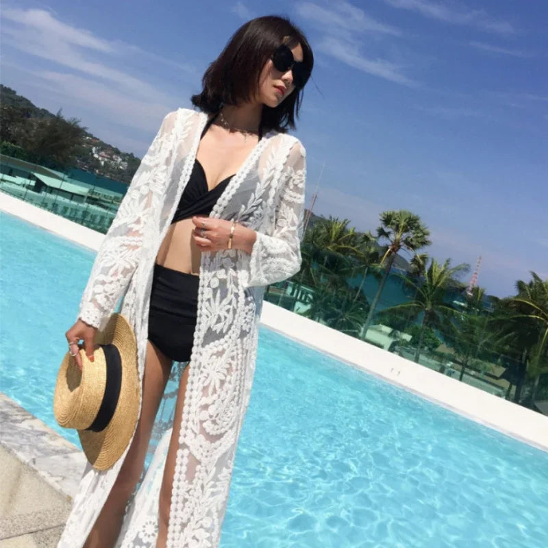 2024 Dress Beach White Lace Summer Maxi Dress Women Long Sleeve Beach Cover Up Sexy See Through Boho Bikini Beachwear Cover-ups - Matrix Studios