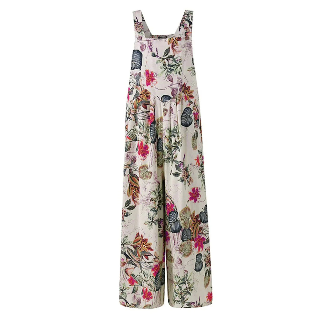 Combhasaki Women's S-3XL Cotton and Linen Jumpsuit Leaf Floral Print Square Neck Sleeveless Casual Loose Overalls with Pockets - Matrix Studios