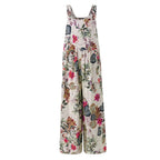 Combhasaki Women's S-3XL Cotton and Linen Jumpsuit Leaf Floral Print Square Neck Sleeveless Casual Loose Overalls with Pockets - Matrix Studios