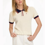 CH Solid Color Embroidered Knit Polo Shirt Women Elegant Short Sleeve Ribbed Trim Office Casual Tops - Matrix-studios.com