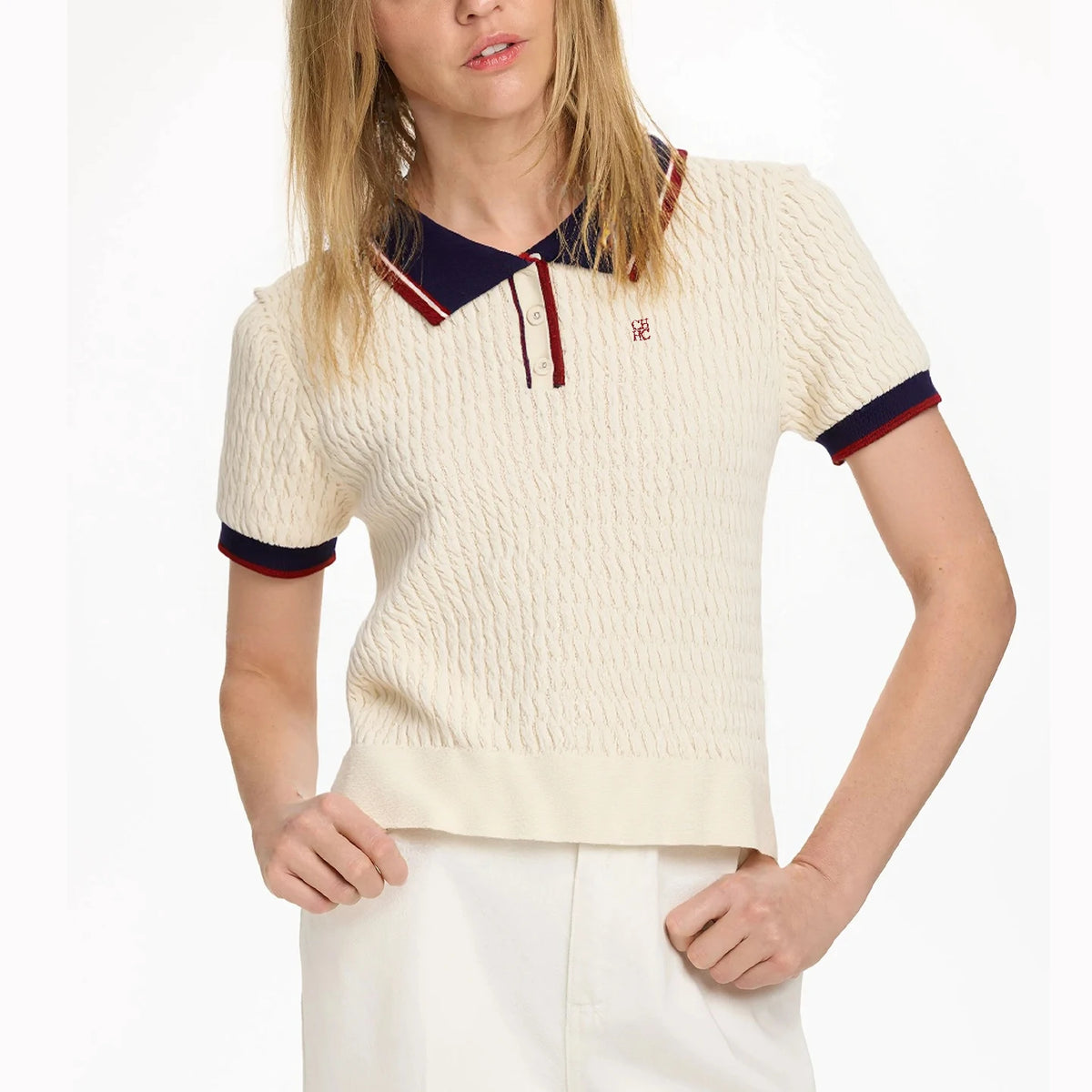 CH Solid Color Embroidered Knit Polo Shirt Women Elegant Short Sleeve Ribbed Trim Office Casual Tops - Matrix-studios.com