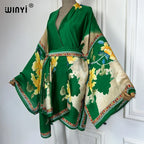 WINYI Summer Beach Outfits Women Swim Suit Cover Up Kaftan Boho Cardigan Stitch Self Belt Sexy Holiday Long Sleeve Print Kimono - Matrix Studios