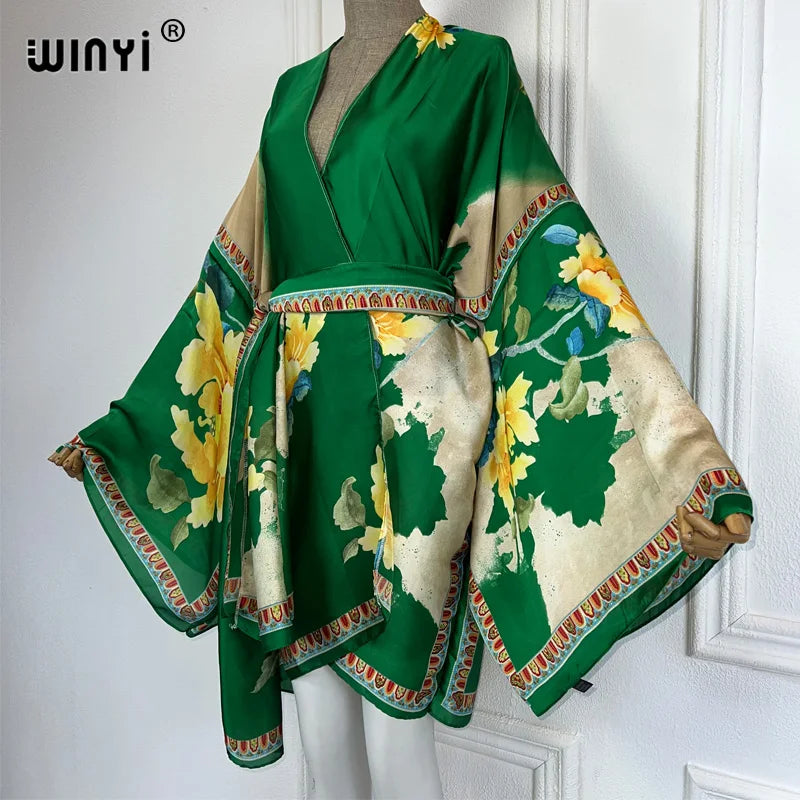 WINYI Summer Beach Outfits Women Swim Suit Cover Up Kaftan Boho Cardigan Stitch Self Belt Sexy Holiday Long Sleeve Print Kimono - Matrix Studios