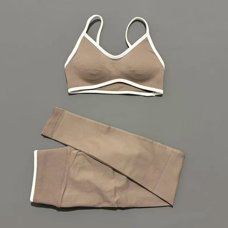 2Pcs HISTELLO Women's Seamless Yoga Fitness Set Ignite Sculpt Scrunch Leggings Strappy Halter Bra Gym Sports Fitness Outfit - Matrix-studios.com