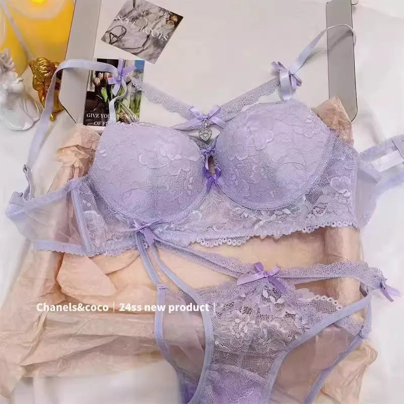 MOYISU Kawaii Heart Bra Set, Purple Lace Lingerie Sexy Pure Design, Push Up Bralette Sml Boobs Fashion Outerwear Statement Piece - Matrix-studios.com