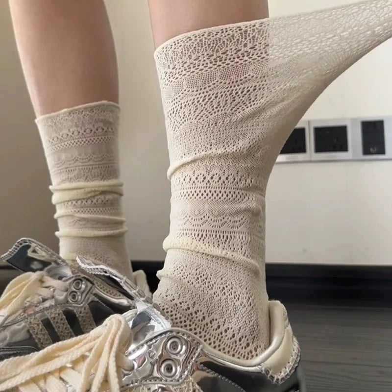 Sweet Mesh Hollowed Out White Pile Socks Transparent Nylon Lace Socks Thin Retro Flower Crew Socks Women Ladies - Matrix Studios