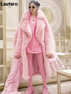 Lautaro Winter Long Oversized Pink Thick Warm Soft Shaggy Fluffy Faux Fur Coat Women Pockets Lapel Loose Sweet Cute Fashion 2022 - Matrix Studios
