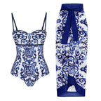 Fashion Women's Clothing One Piece Navy Print Swimsuit Bikini Set Beach Skirt Polyester Bodysuit Swimwear Style Wear Maxi Dress - Matrix Studios