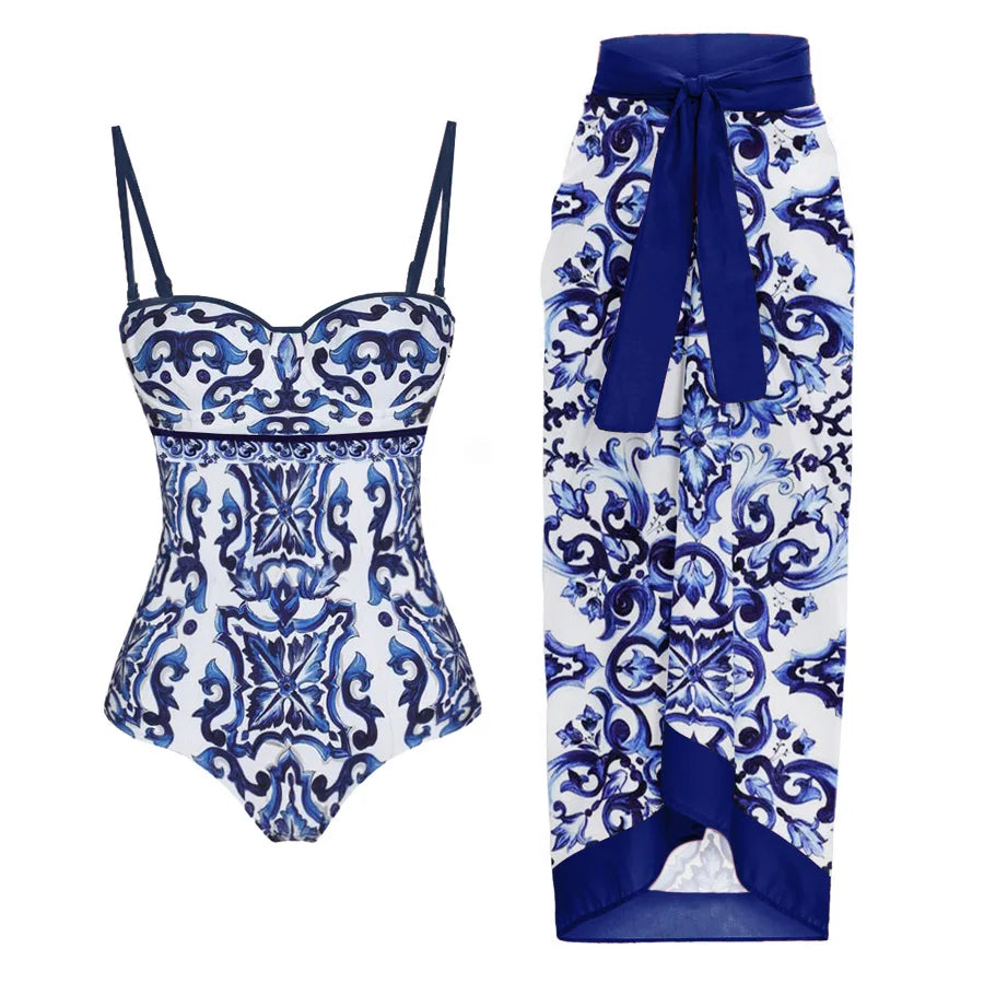 Fashion Women's Clothing One Piece Navy Print Swimsuit Bikini Set Beach Skirt Polyester Bodysuit Swimwear Style Wear Maxi Dress - Matrix Studios