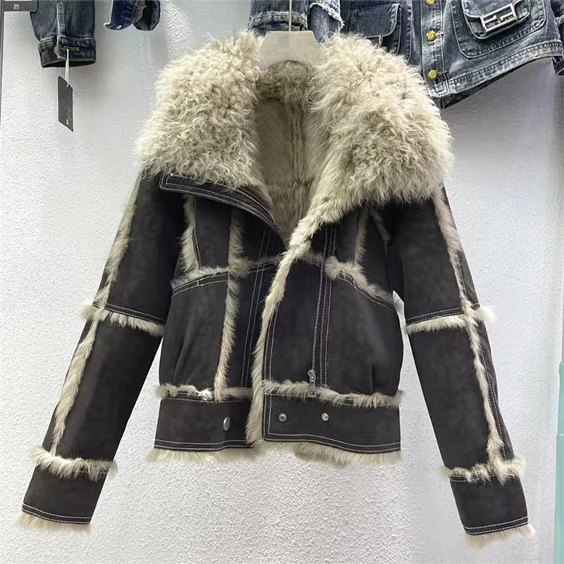 2024 Autumn Short Style Fur Women Sheepskin Jacket Tanned Suede Fabric With 100%Natural Rabbit Lining Luxury Fashion Coat - Matrix Studios