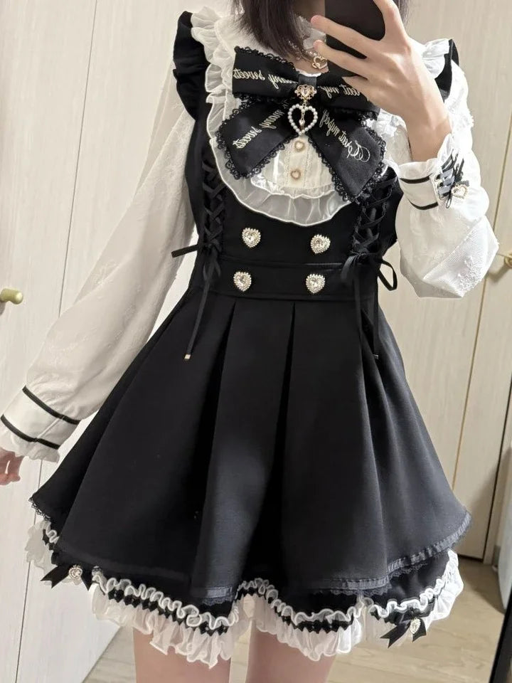 Y2k Aesthetic Lolita Style Bow Dress Shorts Set Japanese Women Gothic Lace Flare Sleeve Button Shirt Dress Punk Party Mini Dress - Matrix-studios.com