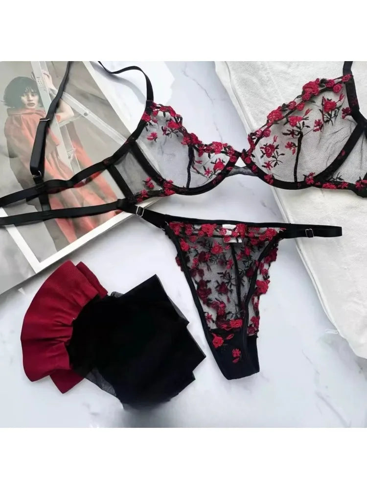 YUQI French Elegant Lingerie Set-Floral Embroidery Semi-Transparent Bra & Brief,Black Sensual Women's Underwear Luxury Intimates - Matrix-studios.com