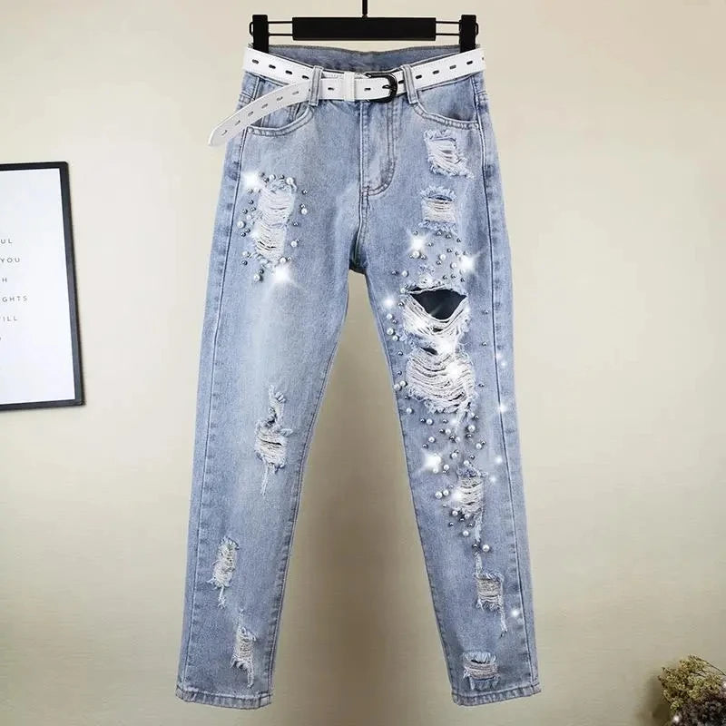 Heavy industry Diamond studded ripped Jeans Women's Street wear 2026 Summer New Loose Nine point Pants Casual Denim Trousers - Matrix-studios.com