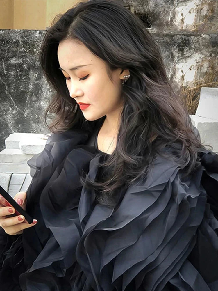 TWOTWINSTYLE Elegant Patchwork Ruffles Chiffon Blouses Women O Neck Lantern Long Sleeve Loose Shirt Female Clothing Fashion - Matrix-studios.com