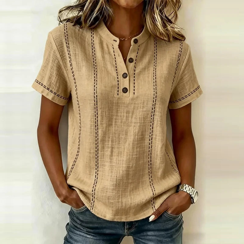 Elegant Women Blouse Shirt V Neck Button Patchwork Short Sleeve Shirts For Women Summer Striped Loose Tee Women Casual T-shirts - Matrix-studios.com