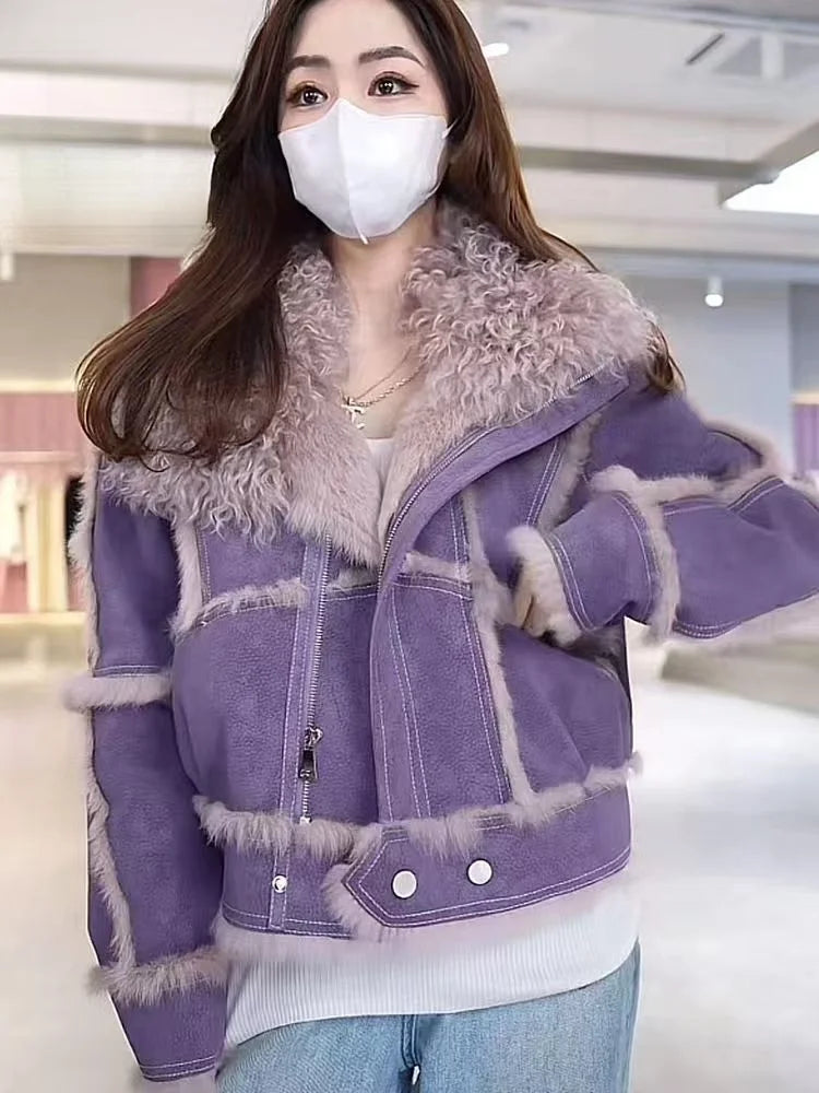 2024 Autumn Short Style Fur Women Sheepskin Jacket Tanned Suede Fabric With 100%Natural Rabbit Lining Luxury Fashion Coat - Matrix Studios