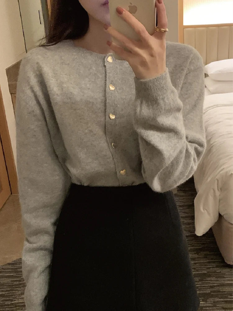 Knitted Cardigan Women's Spring Autumn Gentle Style Short Single Breasted Heart Button Design Sweet Sweater Coat Versatile - Matrix Studios