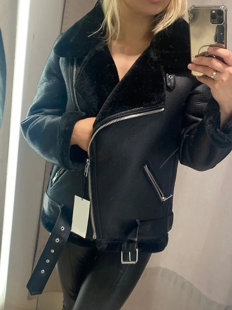 Ailegogo Winter Coats Women Thickness Faux Leather Fur Sheepskin Female Fur Leather Jacket Aviator Outwear Casaco Feminino - Matrix Studios