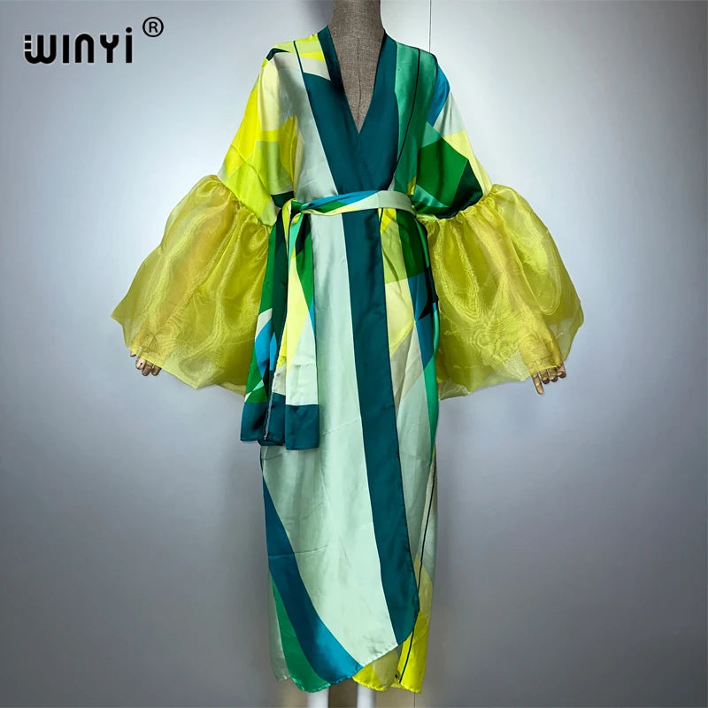 WINYI Summer Kimono Party Dress Beach Wear Swim Suit Cover Up African Women Loose Puff(ed) Sleeves Cardigan Boho Holiday Kaftan - Matrix Studios