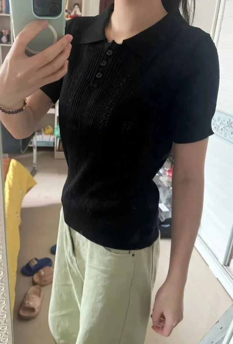 Summer Women's Thin Knit Polo Shirt Hollow-Out Short Sleeve Top Knitted T-shirts  for Women Korean Fashion Elegant Knitwear - Matrix-studios.com