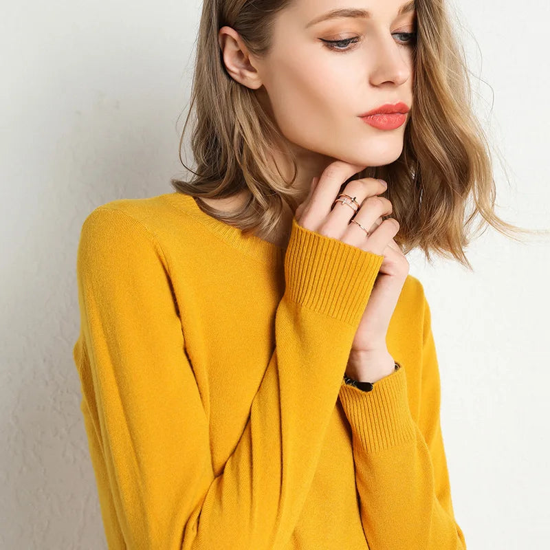 Women Slim O-Neck Pullover Cashmere Wool Blending Sweater Autumn And Winter Long-Sleeved Knit Bottoming Shirt Large Size 2024 - Matrix Studios