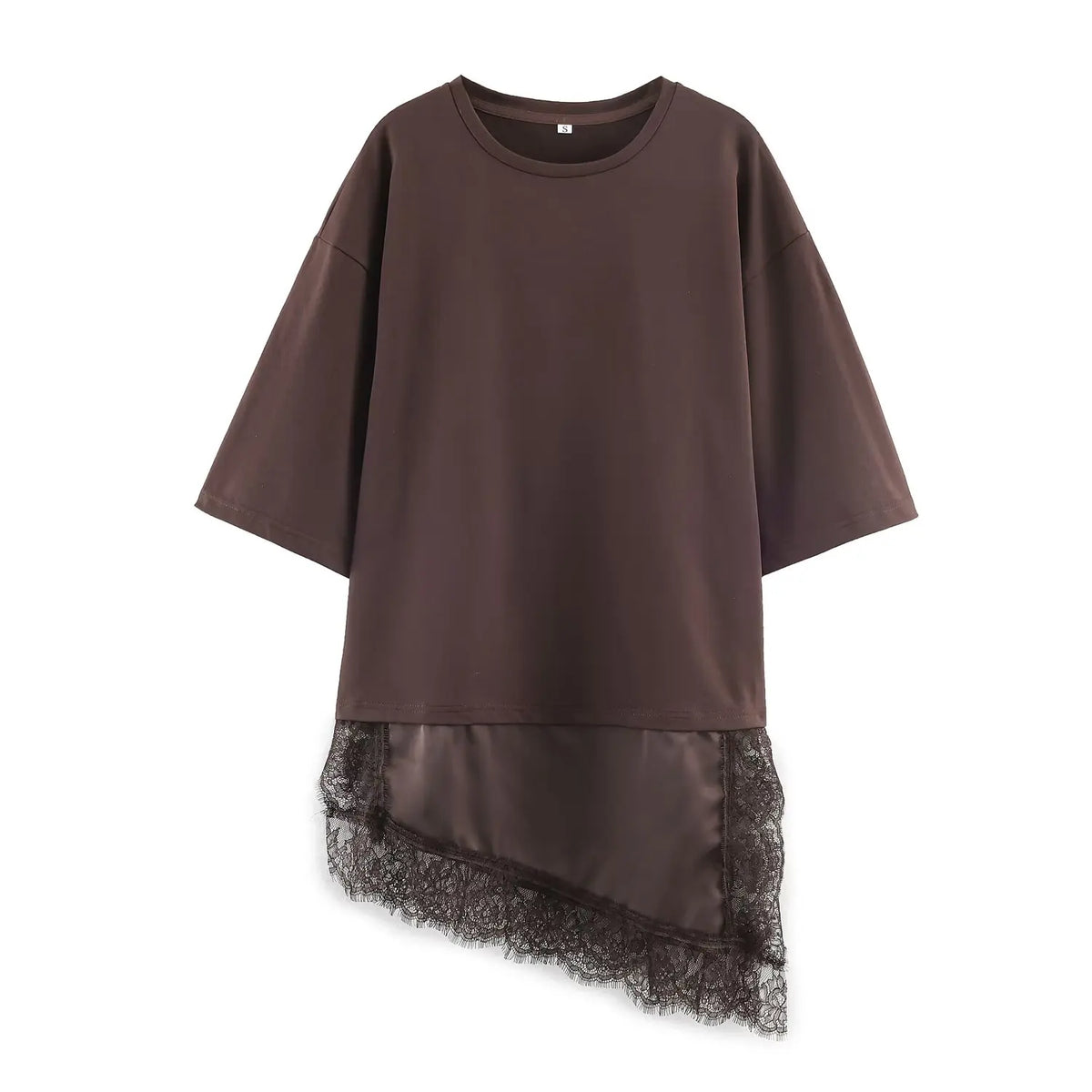 HH Women Vintage Solid Lace Patchwork T-Shirts Asymmetrical Hem O Neck Short Sleeve Shirt 2026 Trend High Street Lady Chic TEES - Matrix-studios.com