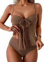 Women Solid Front Bow Chiffon Bikinis Set 2 Piece Tankini Swimsuit Strapless Bandeau Spaghetti Strap High Cut Beach Swimwear - Matrix-studios.com