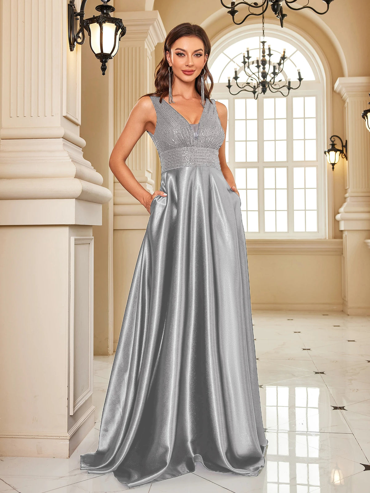 Elegant Sequins Evening Dress For Women 2024 Deep V-neck Satin Prom Party Green Dress Floor Length Blue Formal Gowns - Matrix-studios.com