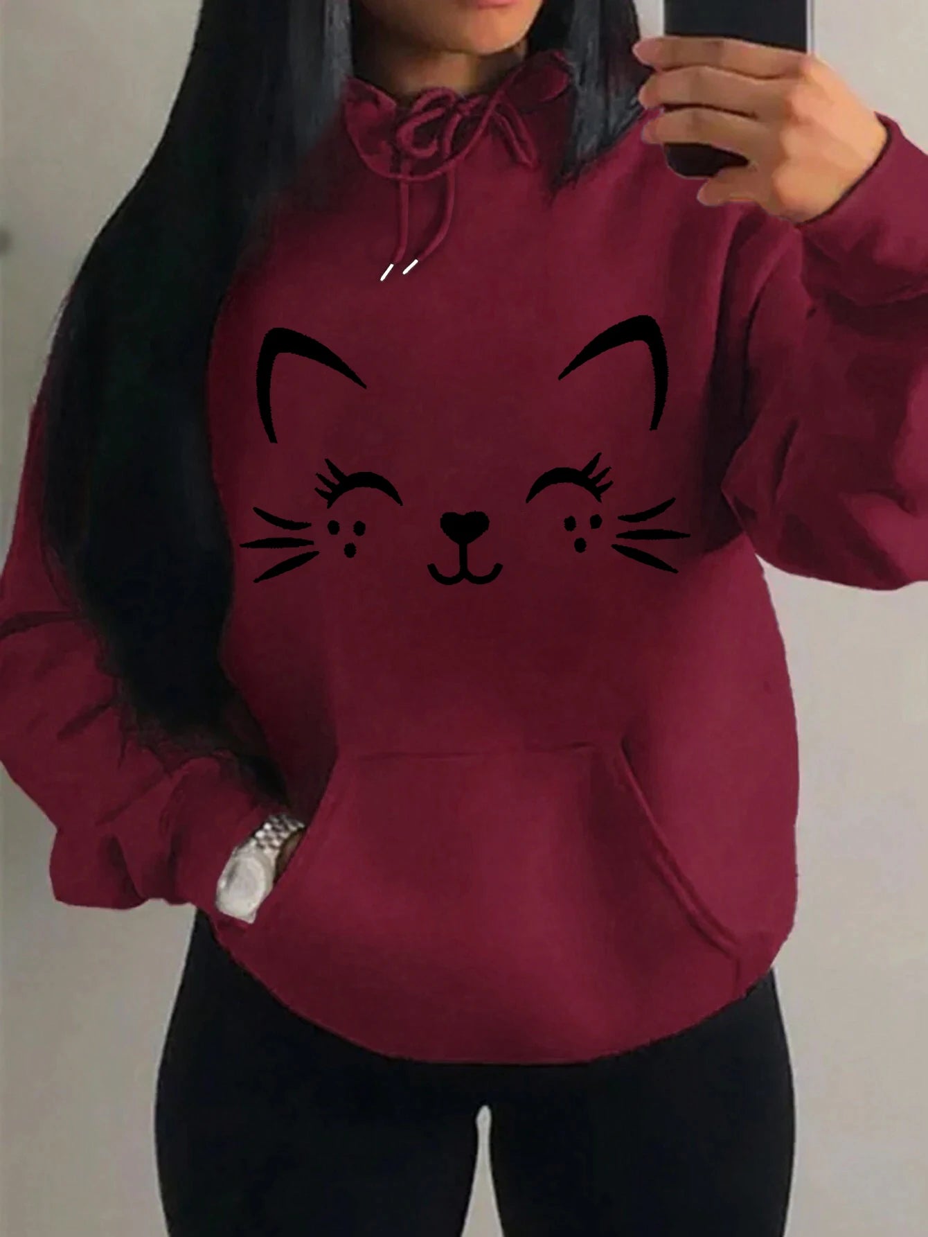 Simple Word Cat Happy Pattern Women Hoodies Fashion Casual Streetwear Personality Hip Hop Hoodie Trendy Fleece Pulloverar