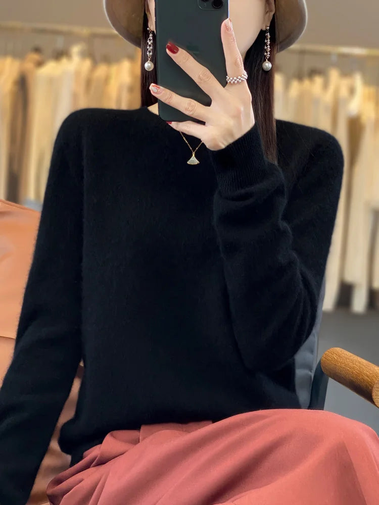 100% Merino Wool Sweater Women O-neck Cashmere Knitwear Female Pullover Autumn Winter Casual Tops Solid Color Soft  Clothing - Matrix Studios