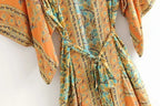 Boho Queens Women Yellow Floral Print Sashes  Kimono Ladies V Neck Batwing Sleeves Bohemian Maxi Dress Robe Cover-up - Matrix Studios