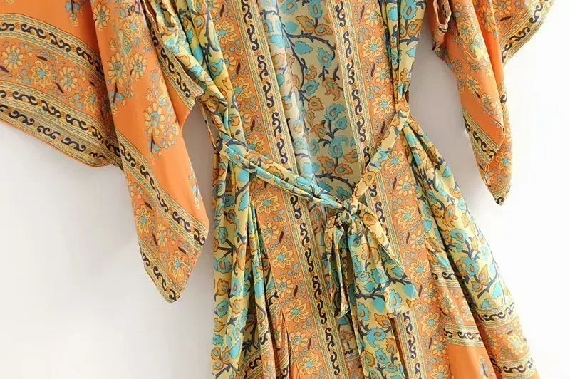 Boho Queens Women Yellow Floral Print Sashes  Kimono Ladies V Neck Batwing Sleeves Bohemian Maxi Dress Robe Cover-up - Matrix Studios