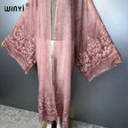 WINYI Kimono Hand-Dyed Embroidered Cardigan Beachwear Evening Dress Abaya Dubai Luxury Cover-Ups Beach Outfits Women Maxi Coat - Matrix Studios