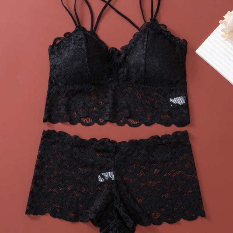 Women's Lace Non-wire Bra And Panties Set Transparent Low Rise Briefs Ultra-thin Comfort Underwear Female Bralette Lingerie Set - Matrix-studios.com