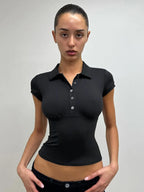 Black Polo Collar T-Shirt Slim Sexy Short-Sleeved Summer Women's Short Top - Matrix-studios.com