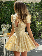 Hugcitar 2026 Floral Print V Neck Short Sleeve Lace Up Zip Up Sexy Slim Pleated Mini Dress Summer Elegant Outfits Party Vacation - Matrix-studios.com