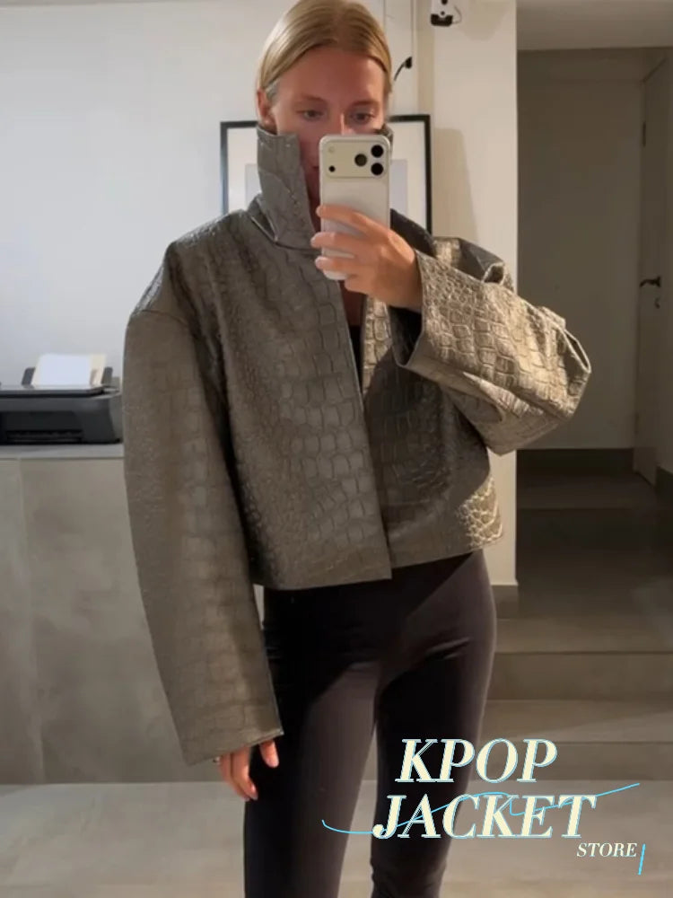 Women Cropped PU Leather Jacket Stand Collar Wide Flare Sleeve Asymmetrical Wrap Open Front Coat 2026 Autumn Chic Loose Jackets - Matrix Studios