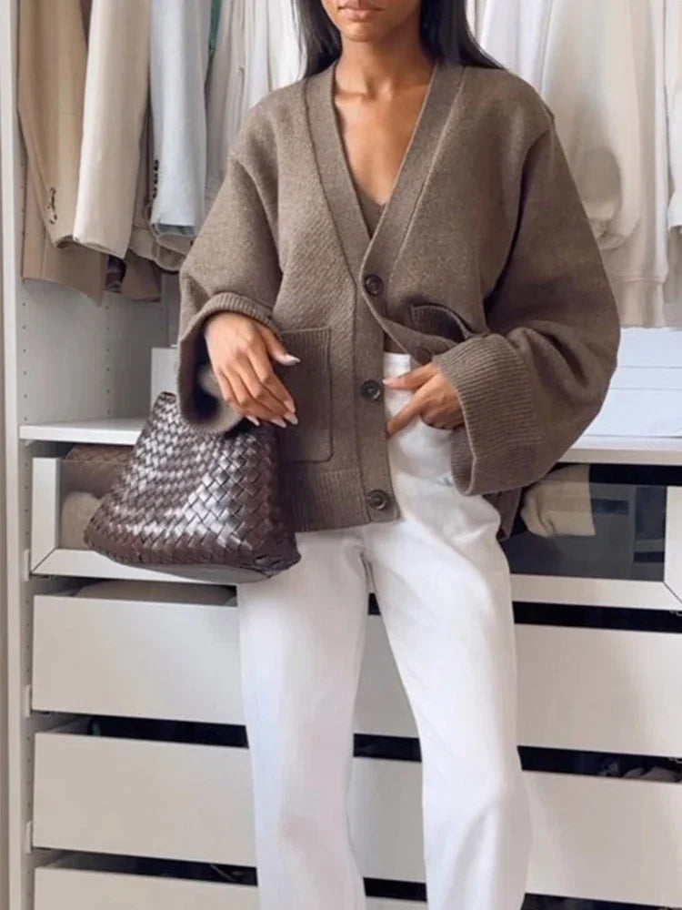 Autumn Women's Cropped Cardigans V-neck Knitted Sweater Coat Long Sleeve With Pocket Casual Streetwear 2025 New Outwear Fashion - Matrix Studios
