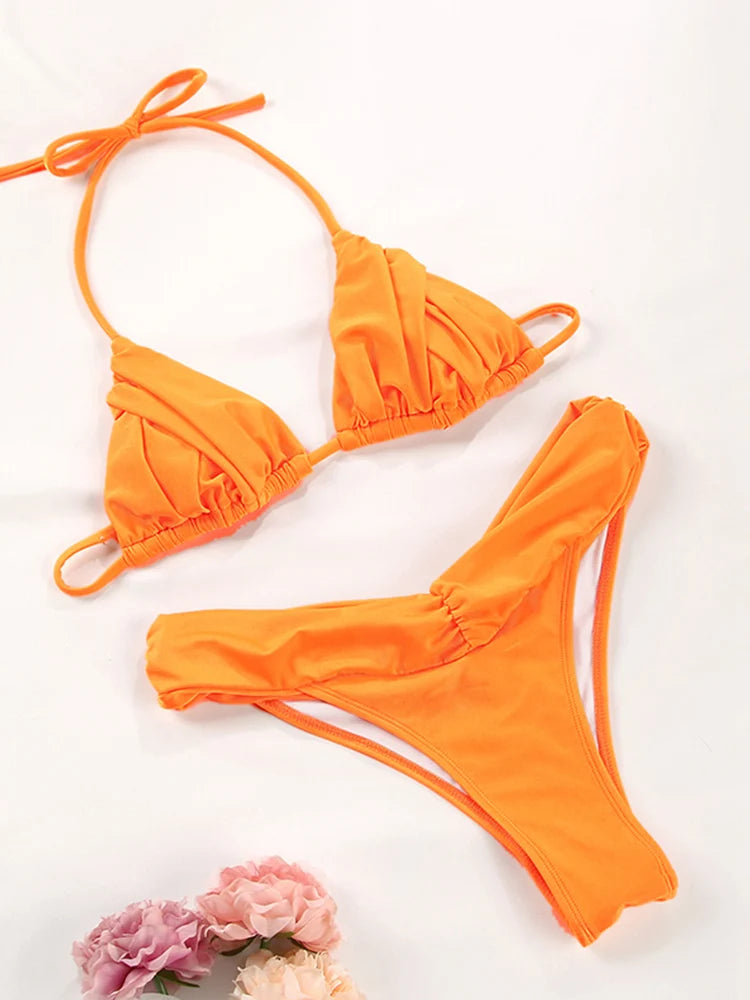 Sexy Folds Bikini Set Solid Micro Bikinis Women Swimsuit Female Triangle Swimwear Beach Wear Bathing Suit - Matrix-studios.com